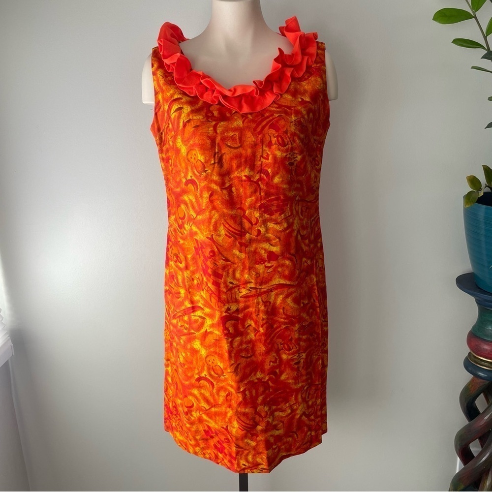 60s Vintage Inga Nielsen Orange Ruffled Sheath Midi Dress Psychedelic Retro Rare